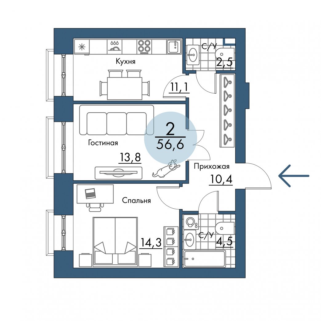 Фото объекта 2-комнатная квартира в ПОРТОВЫЙ - лофт-район на берегу Енисея, 2-й этаж, 2к, 56.60м² от застройщика Арбан — 21294