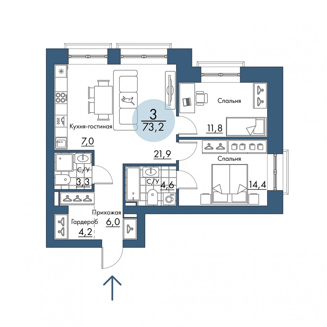 Фото объекта 3-комнатная квартира в ПОРТОВЫЙ - лофт-район на берегу Енисея, 2-й этаж, 3к, 73.20м² от застройщика Арбан — 21297