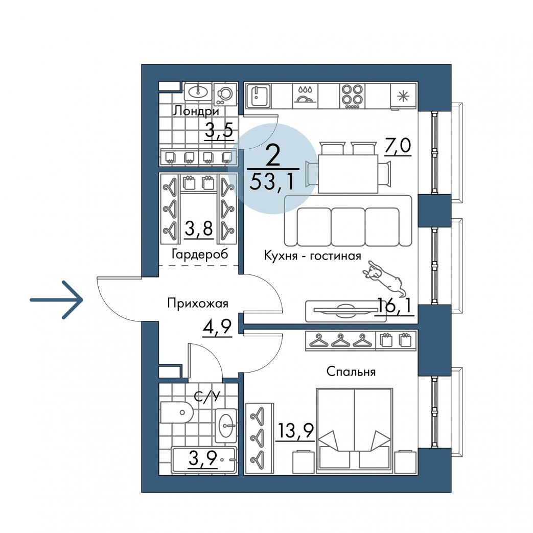 Фото объекта 2-комнатная квартира в ПОРТОВЫЙ - лофт-район на берегу Енисея, 2-й этаж, 2к, 53.10м² от застройщика Арбан — 21299