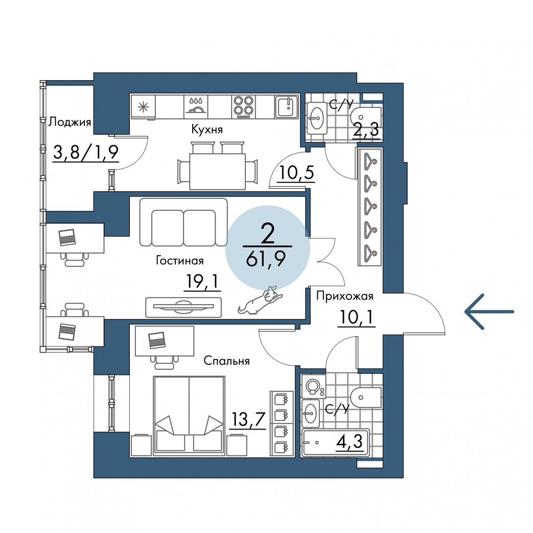 Фото объекта 2-комнатная квартира в ПОРТОВЫЙ лофт-район на берегу Енисея, 4-й этаж, 2к, 61.90м² от застройщика Арбан — 21309