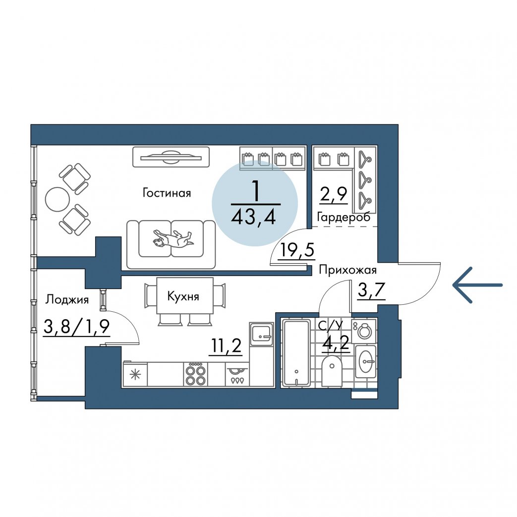 Фото объекта 1-комнатная квартира в ПОРТОВЫЙ - лофт-район на берегу Енисея, 3-й этаж, 1к, 43.40м² от застройщика Арбан — 21303