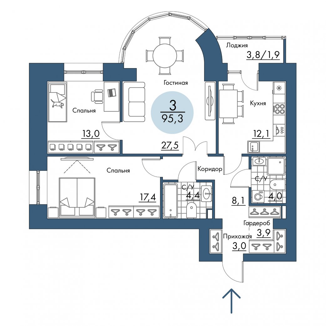 Фото объекта 3-комнатная квартира в ПОРТОВЫЙ - лофт-район на берегу Енисея, 4-й этаж, 3к, 95.30м² от застройщика Арбан — 21312