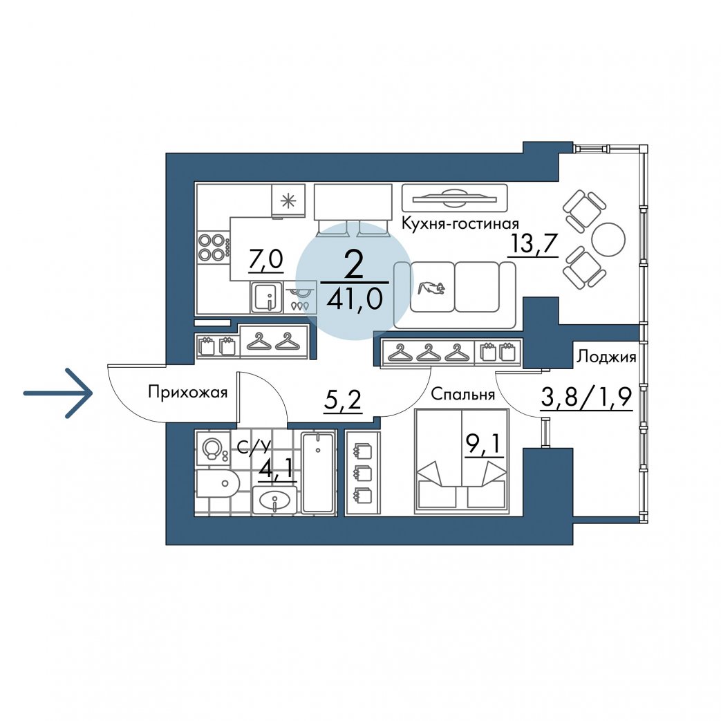 Фото объекта 2-комнатная квартира в ПОРТОВЫЙ - лофт-район на берегу Енисея, 9-й этаж, 2к, 41.00м² от застройщика Арбан — 21355