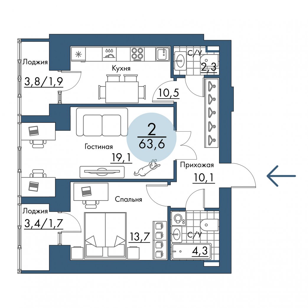 Фото объекта 2-комнатная квартира в ПОРТОВЫЙ - лофт-район на берегу Енисея, 5-й этаж, 2к, 63.60м² от застройщика Арбан — 21318