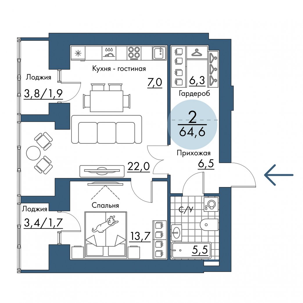 Фото объекта 2-комнатная квартира в ПОРТОВЫЙ - лофт-район на берегу Енисея, 17-й этаж, 2к, 64.60м² от застройщика Арбан — 21412
