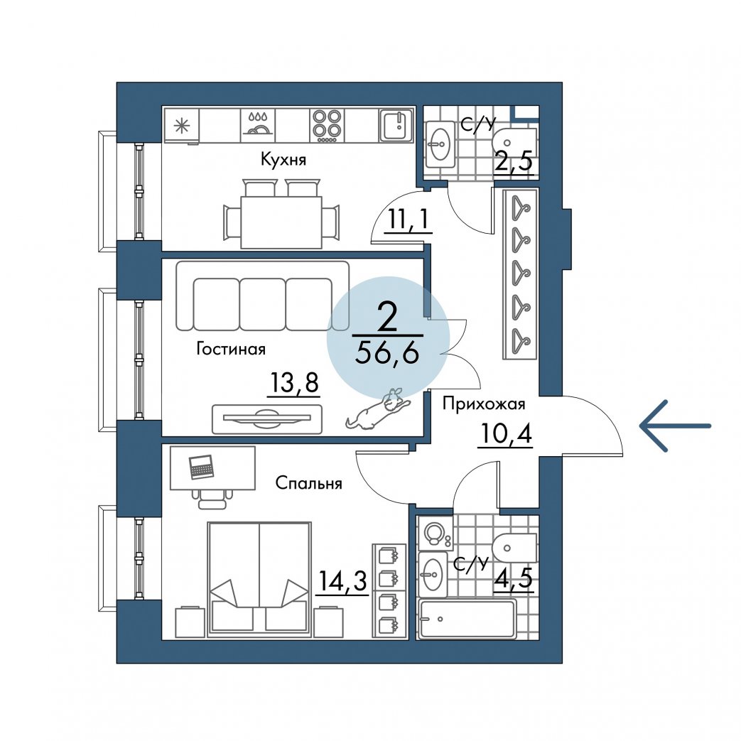 Фото объекта 2-комнатная квартира в ПОРТОВЫЙ - лофт-район на берегу Енисея, 2-й этаж, 2к, 56.60м² от застройщика Арбан — 21421