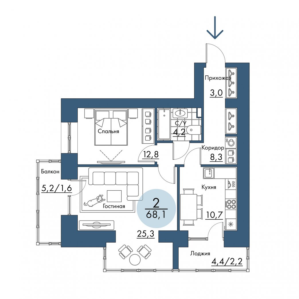 Фото объекта 2-комнатная квартира в ПОРТОВЫЙ - лофт-район на берегу Енисея, 8-й этаж, 2к, 68.10м² от застройщика Арбан — 21469