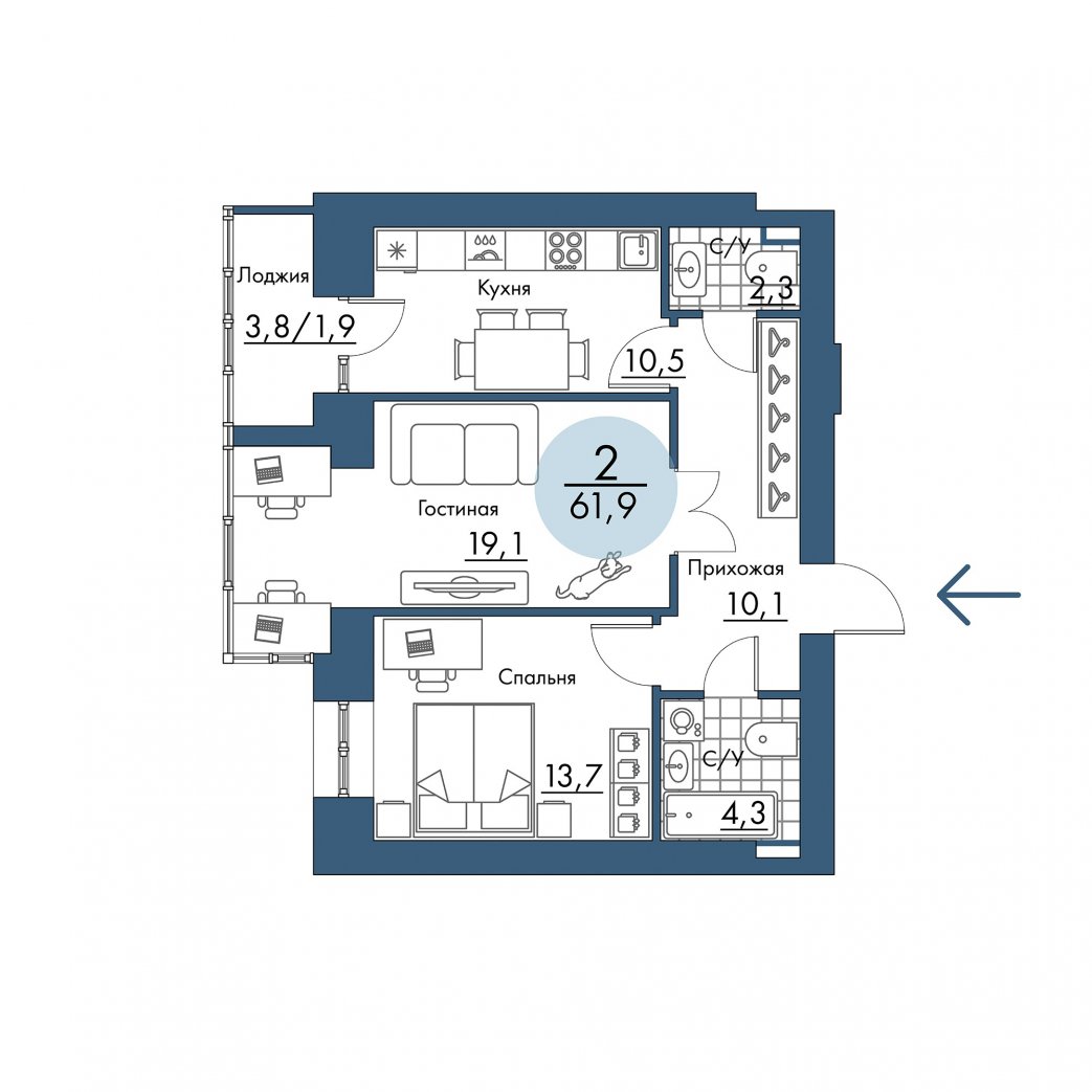 Фото объекта 2-комнатная квартира в ПОРТОВЫЙ - лофт-район на берегу Енисея, 3-й этаж, 2к, 61.90м² от застройщика Арбан — 21430