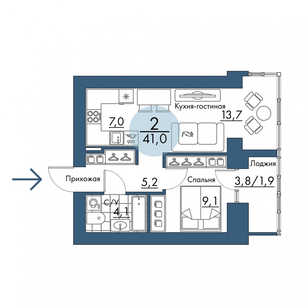 Фото объекта 2-комнатная квартира в ПОРТОВЫЙ - лофт-район на берегу Енисея, 5-й этаж, 2к, 41.00м² от застройщика Арбан — 21452