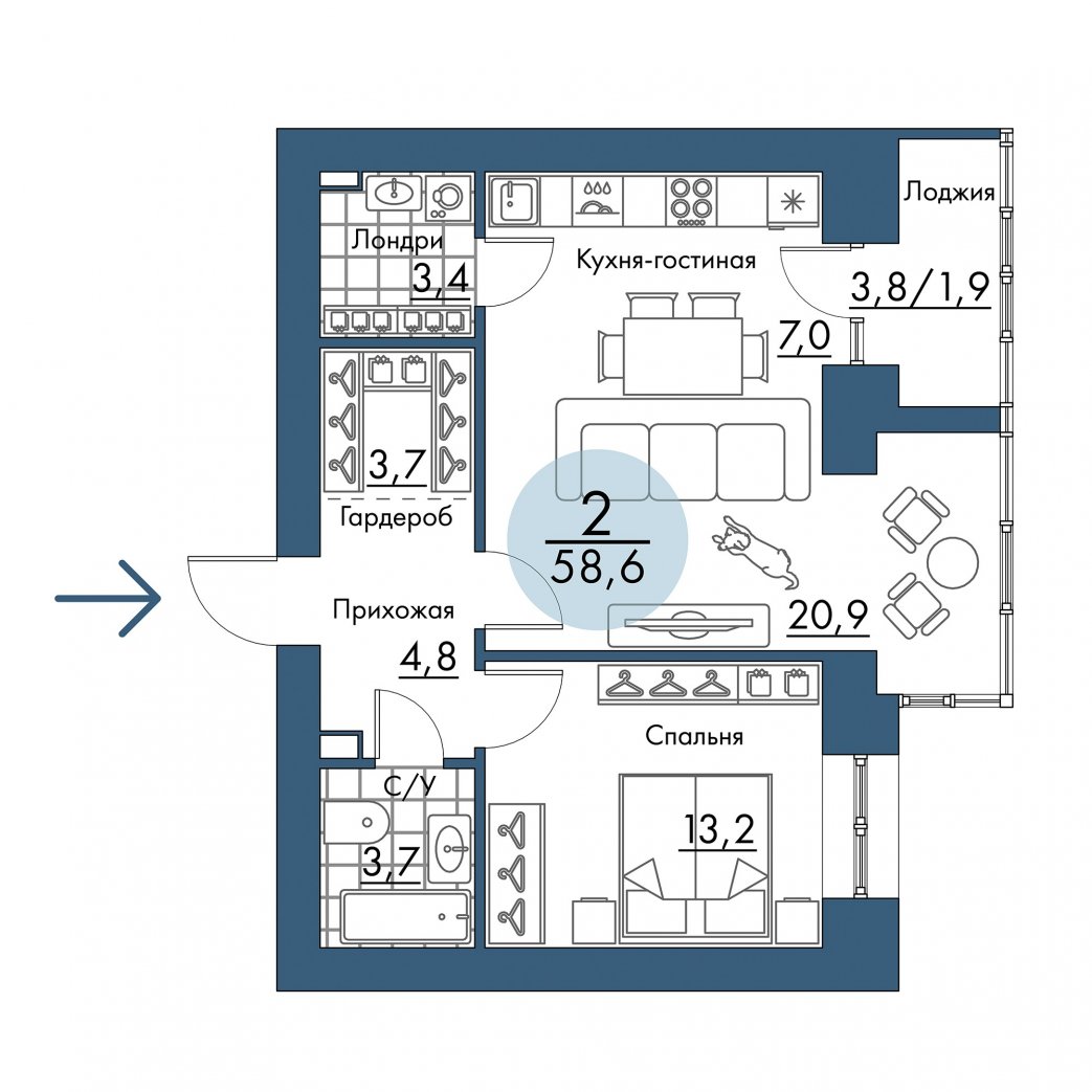 Фото объекта 2-комнатная квартира в ПОРТОВЫЙ - лофт-район на берегу Енисея, 5-й этаж, 2к, 58.60м² от застройщика Арбан — 21441