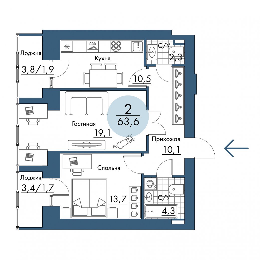 Фото объекта 2-комнатная квартира в ПОРТОВЫЙ - лофт-район на берегу Енисея, 5-й этаж, 2к, 63.60м² от застройщика Арбан — 21448