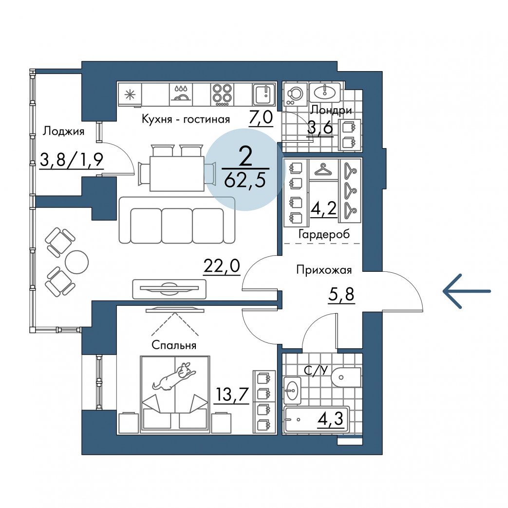 Фото объекта 2-комнатная квартира в ПОРТОВЫЙ - лофт-район на берегу Енисея, 15-й этаж, 2к, 62.50м² от застройщика Арбан — 21526