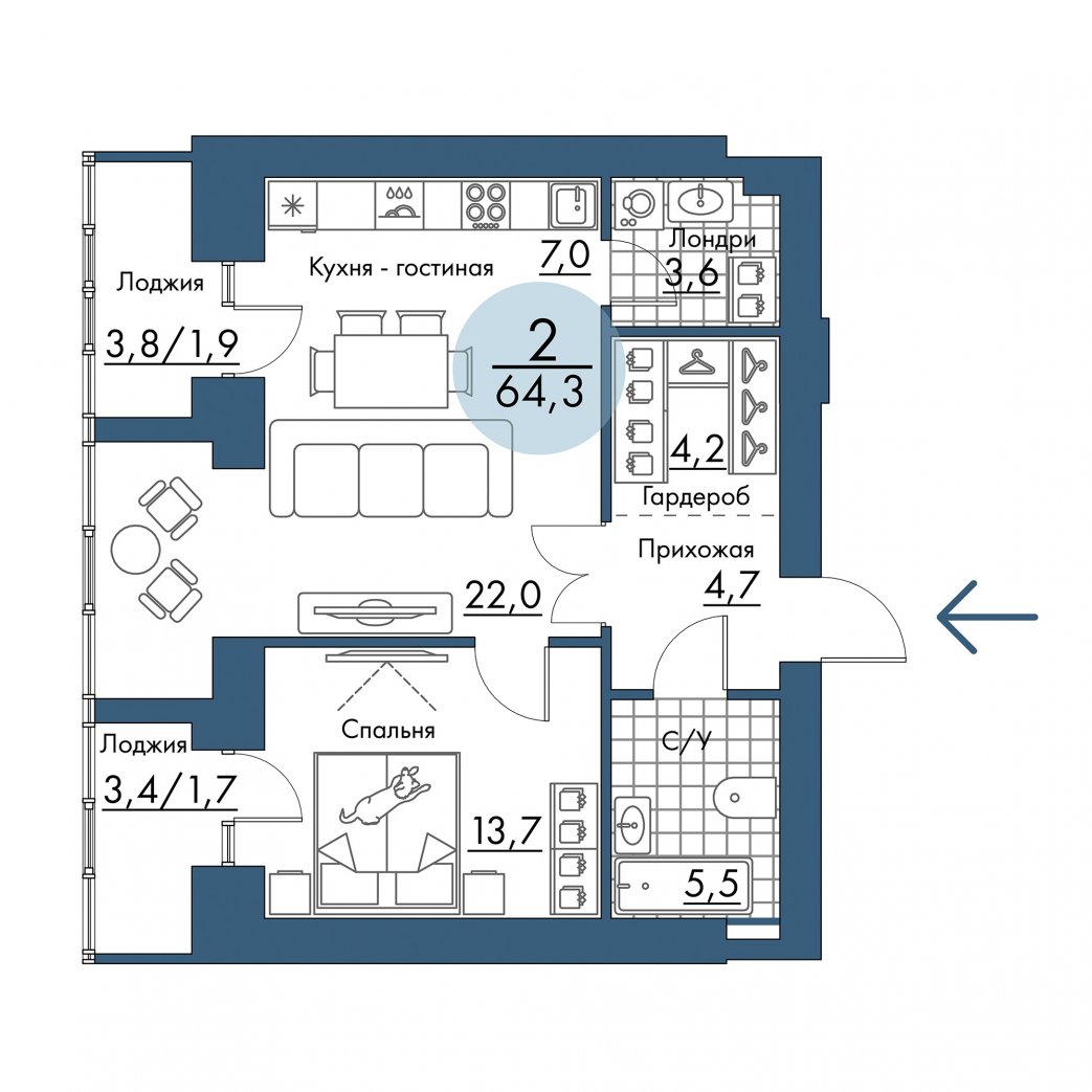 Фото объекта 2-комнатная квартира в ПОРТОВЫЙ - лофт-район на берегу Енисея, 13-й этаж, 2к, 64.30м² от застройщика Арбан — 21511