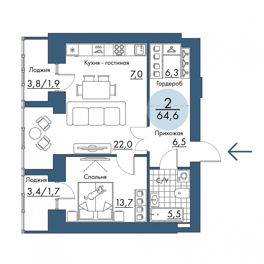 Фото объекта 2-комнатная квартира в ПОРТОВЫЙ - лофт-район на берегу Енисея, 17-й этаж, 2к, 64.60м² от застройщика Арбан — 21542