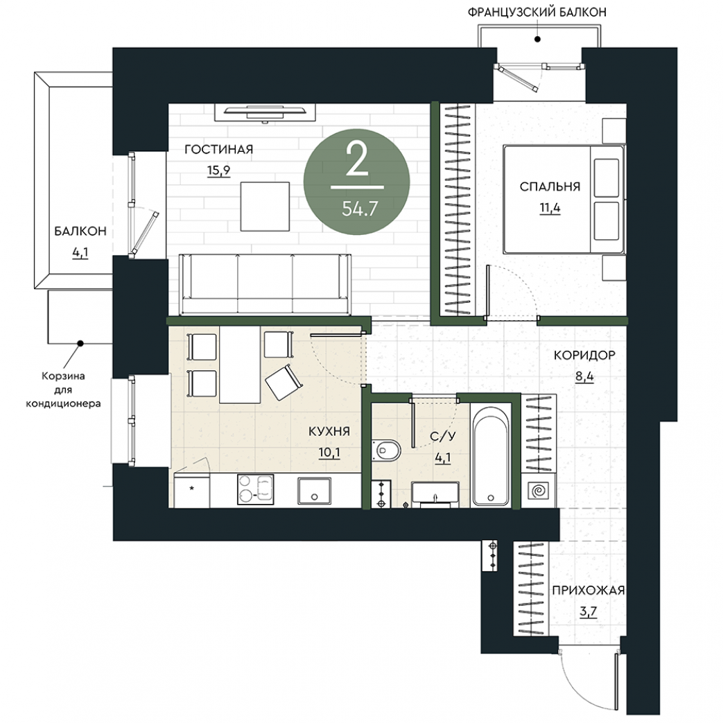 Фото объекта 2-комнатная квартира в КАЛИНА ДОЛИНА минирайон, 4-й этаж, 2к, 54.70м² от застройщика Арбан — 23029