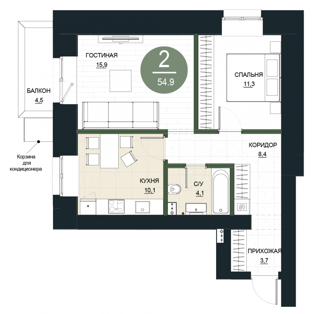 Фото объекта 2-комнатная квартира в Калина Долина, 3-й этаж, 2к, 54.90м² от застройщика Арбан — 23189