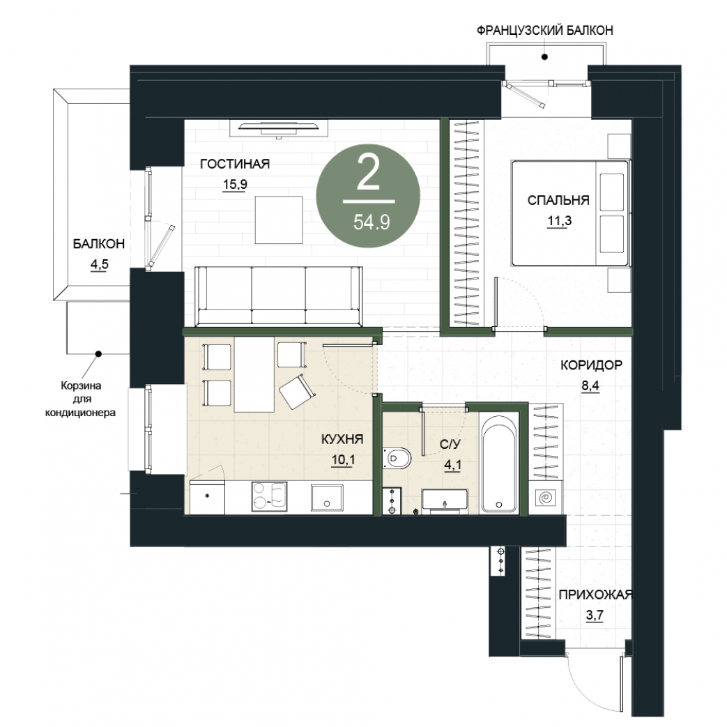 Фото объекта 2-комнатная квартира в КАЛИНА ДОЛИНА минирайон, 4-й этаж, 2к, 54.90м² от застройщика Арбан — 23200