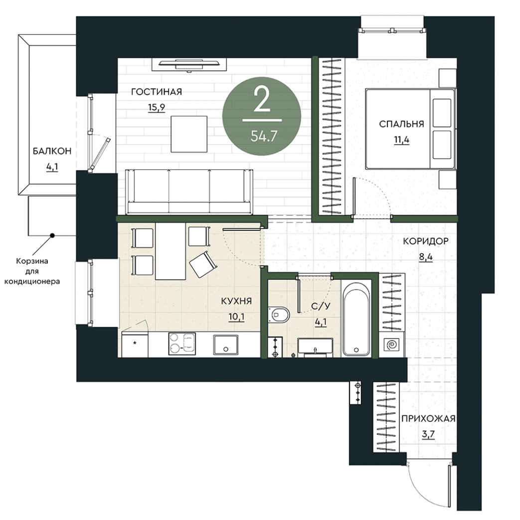 Фото объекта 2-комнатная квартира в КАЛИНА ДОЛИНА минирайон, 5-й этаж, 2к, 54.70м² от застройщика Арбан — 23040