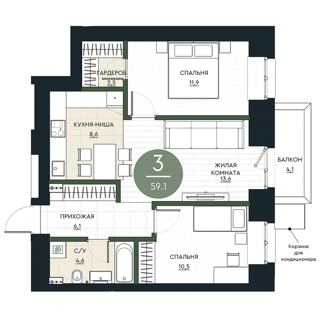 Фото объекта 3-комнатная квартира в КАЛИНА ДОЛИНА минирайон, 5-й этаж, 3к, 59.10м² от застройщика Арбан — 23202